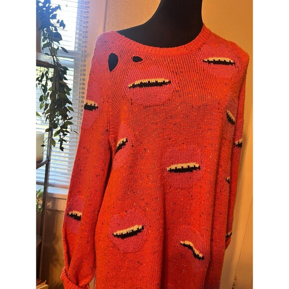 Wildfox Motormouth Lip Print Orange Red Distressed Relaxed Knit Sweater Top Sz S - Picture 6 of 8